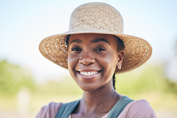 Image showing Smile, countryside and portrait of black woman on farm with sustainable business, nature and sunshine. Agriculture, gardening and happy face of female farmer in Africa, green plants and agro farming.