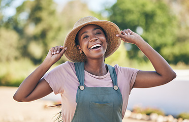 Image showing Smile, portrait and black woman on farm in nature, sustainable business and sunshine. Agriculture, gardening and happiness, face of female farmer in Africa with green plants and outdoor agro farming.