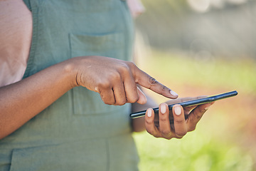 Image showing Farmer, person hands and phone for agriculture communication, social media and sustainability networking. Worker on mobile or chat for gardening research, NGO contact or volunteering website for FAQ