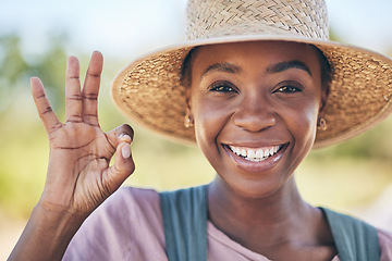 Image showing Smile, okay hand sign and portrait of black woman on farm with sustainable business, nature and sun. Agriculture, happy face and female farmer in Africa, green plants and yes emoji to agro farming