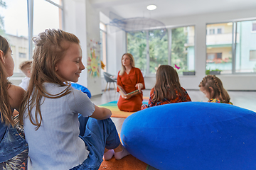 Image showing Reading time in an elementary school or kindergarten, a teacher reading a book to children in an elementary school or kindergarten. The concept of pre-school education. Selective focus