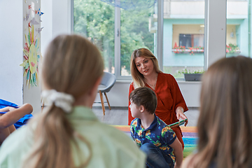 Image showing Reading time in an elementary school or kindergarten, a teacher reading a book to children in an elementary school or kindergarten. The concept of pre-school education. Selective focus