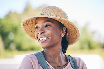 Image showing Smile, countryside and black woman on farm with sustainable business idea, nature and sunshine. Agriculture, gardening and thinking, happy female farmer in Africa with green plants and agro farming.