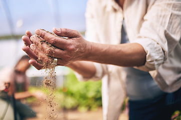 Image showing Farming, hands and outdoor with soil, sand or dirt for growth, inspection or drought at agro job. Person, dry dust and holding for agriculture, climate change or sustainability in closeup for ecology