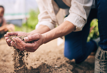 Image showing Farming, hands and outdoor with soil, dust and dirt for growth, inspection and drought at agro job. Person, sand and compost for agriculture, climate change and sustainability in closeup on ground