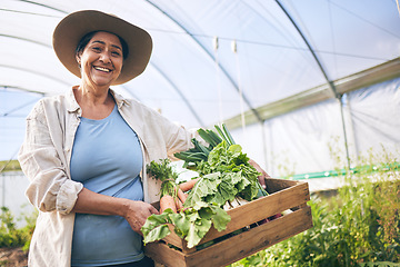 Image showing Smile, greenhouse and portrait woman on vegetable farm for sustainable business, nature and box. Agriculture, gardening and happy face of female farmer, green plants and agro farming for healthy food