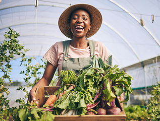 Image showing Smile, greenhouse and portrait of black woman on farm with sustainable business, nature and plants. Agriculture, gardening and happy female farmer in Africa, green vegetables and agro farming food.
