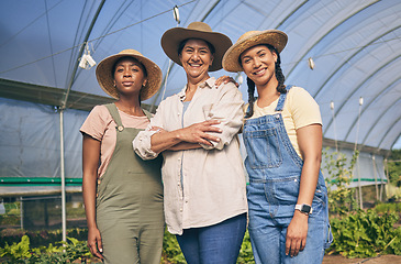 Image showing Women, farming and group portrait in greenhouse, countryside and friends with leadership, agriculture and summer. Female teamwork, happy and support in nursery, growth and agro development for plants