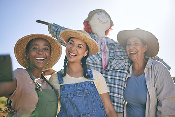 Image showing Women, agriculture and group selfie in summer with smile, scarecrow or funny memory for web blog in farming. Female teamwork, agro job and photography in nature, happy and comic laugh on social media
