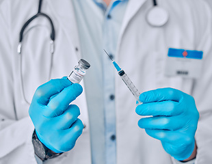 Image showing Vaccine, hands and doctor person with injection, medicine and bottle for healthcare and wellness. Hospital, clinic and medical professional with needle and drugs for protection from virus and disease