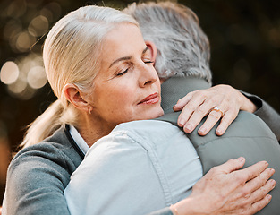 Image showing Old woman, face and senior couple hug, date and embrace with empathy, care and elderly marriage trust, love and support. Park, emotional connection and outdoor man, retirement wife or people hugging