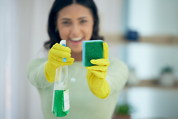 Image showing Cleaning, spray and hands of woman with sponge for disinfection, hygiene and housekeeping. Housework, maid service and woman with sanitizer products, liquid and detergent for dirt, dust and washing