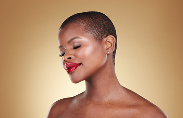 Image showing Mockup, makeup and black woman with cosmetics, shine and dermatology on a brown studio background. Glow, person and model with skincare, wellness and spa promotion with aesthetic, luxury and beauty