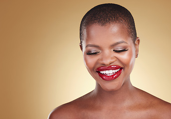 Image showing Mockup space, makeup and black woman with cosmetics, smile and dermatology on a brown studio background. Happy, person or model with skincare, beauty and red lipstick with aesthetic, luxury and shine