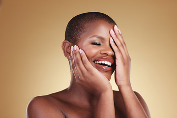 Image showing Mockup, makeup and black woman with cosmetics, funny and dermatology on a brown studio background. Shine, happy person or model with skincare, humor and spa promotion with aesthetic, luxury or beauty
