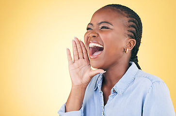 Image showing Shout, announcement black woman in studio with motivation and voice from deal. Yellow background, female person and secret with big news and excited from advertising, marketing and promotion deal