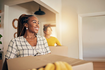 Image showing Black woman, vision and new home with cardboard boxes moving and property investment. Happy face, smile and couple of friends excited with lounge package for real estate in living room with future