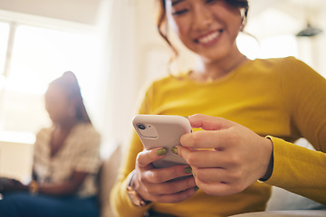 Image showing Phone, networking and closeup of woman browsing on social media, mobile app or the internet. Technology, communication and closeup of a female person typing a text message on a cellphone at home.