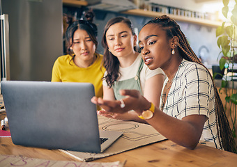 Image showing Laptop, restaurant or people reading bad sales numbers, customer experience feedback or coffee shop review. Small business owner, entrepreneur or team stress over cafe fail, cafeteria mistake or risk