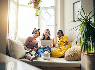 Image showing Home, friends and women with a tablet, connection or smile with live streaming, online reading or social media. App, group or happy people on a couch, technology or bonding with communication or chat