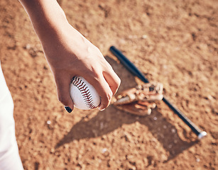 Image showing Softball, hand and ball with athlete on pitch, sports and person playing game, closeup and fitness outdoor. Exercise, baseball player and equipment, bat and glove on ground with pitcher at stadium