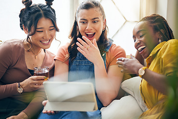 Image showing Home, friends and women with a tablet, funny and social media with connection, news and communication. Mobile app, group and female people with technology, laughing and online reading in a lounge