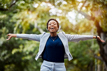 Image showing Portrait, outdoor and black woman with celebration, business and achievement with success, goals and Happiness. Person, winner and girl with a prize, giveaway and promotion with a bonus and freedom