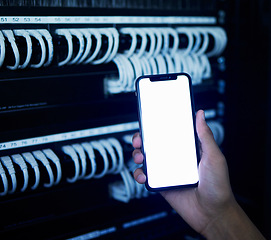 Image showing Phone screen, server room and hands of engineering person for data protection, cyber security and software mockup. Technician, mobile and ux design space for information technology and coding app