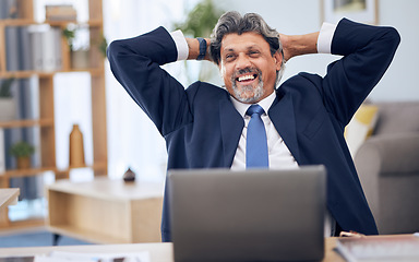 Image showing Business, relax and man with a laptop, smile and finance with connection, feedback and investment. Person, investor and hedge fund manager with a pc, hands behind head and stock market with profit