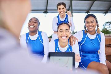 Image showing Tablet strategy, netball team and exercise women with coach for fitness, challenge and match play. Happy, smile and student athlete group planning with training, teamwork and motivation for game plan