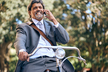 Image showing Business man, bicycle and phone call in street, park and outdoor for networking, conversation and negotiation. Mature entrepreneur, bike and smartphone with chat, thinking and eco friendly travel