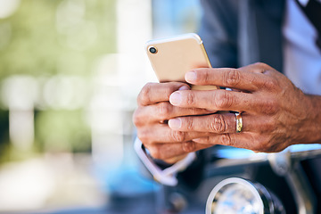 Image showing Outdoor, business and man with a smartphone, hands and typing with connection, social media and network. Closeup, person or employee with a cellphone, mobile app and professional with search internet