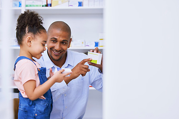 Image showing Pharmacy, child and family with medication, learning and healthcare study for education. Pharmacist, father and young girl together with a smile from pharmaceutical research and kid development