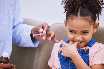 Image showing Sick, syringe and disgust with child and medicine for consulting, helping and illness. Medical, healthcare and cough syrup with young girl and parent in family home for wellness, care and supplements