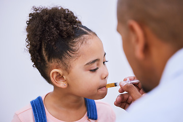 Image showing Sick, syringe and consulting with child and medicine for pharmacy, helping and illness. Medical, healthcare and cough syrup with young girl and parent in family home for wellness, care or supplements