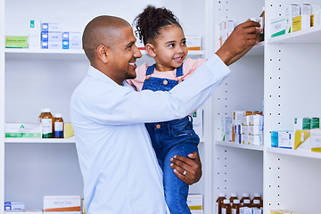 Image showing Pharmacy, child help and family with medication, learning and healthcare study for education. Pharmacist, father and young girl together with a smile from pharmaceutical research and kid development