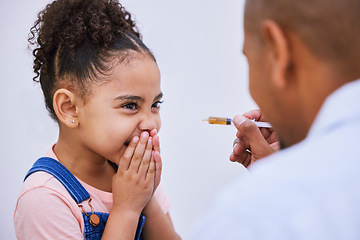 Image showing Sick, syringe and funny with child and medicine for consulting, helping and illness. Medical, healthcare and cough syrup with young girl and parent in family home for wellness, care and supplements