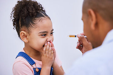 Image showing Virus, syringe and disgust with child and medicine for consulting, helping and illness. Medical, healthcare and cough syrup with young girl and parent in family home for wellness, care or supplements