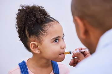 Image showing Help, syringe and consulting with child and medicine for pharmacy, virus and illness. Medical, healthcare and cough syrup with young girl and parent in family home for wellness, care or supplements