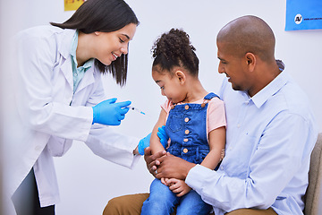 Image showing Kid, dad and woman doctor with syringe for vaccine, flu shot or medicine injection in clinic or hospital. Father, girl and pediatrician in office with needle, vaccination and child care consultation