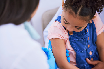 Image showing Girl, parent and doctor with syringe for vaccine, flu shot or medicine injection in clinic or hospital. Father, kid and pediatrician in office with needle for vaccination, consultation and child care