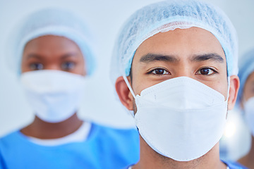 Image showing Face mask, surgeon team and people in hospital in studio isolated on a white background. Portrait, doctor and medical professional group, expert worker and confident plastic surgery employee in ppe