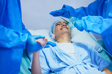 Image showing Surgery, anesthesia and woman with oxygen mask for medical service, operation and procedure. Healthcare, hospital and surgeons with gas, breathing and ventilation equipment for patient in theater