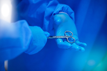 Image showing Closeup, surgery and hands with a scissor for healthcare, hospital work and help. Support, team and doctors, surgeons or medical employees with gloves for cardiology or professional cooperation