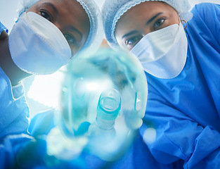 Image showing Surgery, anesthesia and doctors with oxygen mask for medical service, operation and procedure. Healthcare, hospital and portrait of surgeons with gas, breathing and ventilation equipment for patient