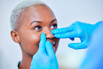 Image showing Doctor hands, woman and rhinoplasty for nose job, cosmetics and aesthetic transformation or change. Medical, surgeon and plastic surgery of african patient or client face, dermatology help or support