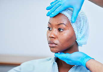 Image showing Black woman, patient and doctor hands, plastic surgery and check face, health and medical consultation with beauty. Help, medicine and cosmetic procedure, exam and healthcare with people at hospital