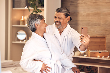 Image showing Selfie, date and love with old couple in spa for anniversary, celebration and social media. Relax, massage and profile picture with senior man and woman in villa for luxury, vacation and peace