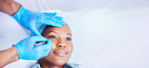 Image showing Plastic surgery, needle and black woman on a hospital bed with dermatology with mockup space. Surgeon, facial change and medical filler for skincare, cosmetics and wellness in a clinic with doctor