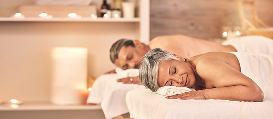 Image showing Relax, massage and couple in spa for holiday, vacation and anniversary weekend with candles. Love, luxury resort and mature man and woman sleeping in salon for beauty, therapy and skincare treatment